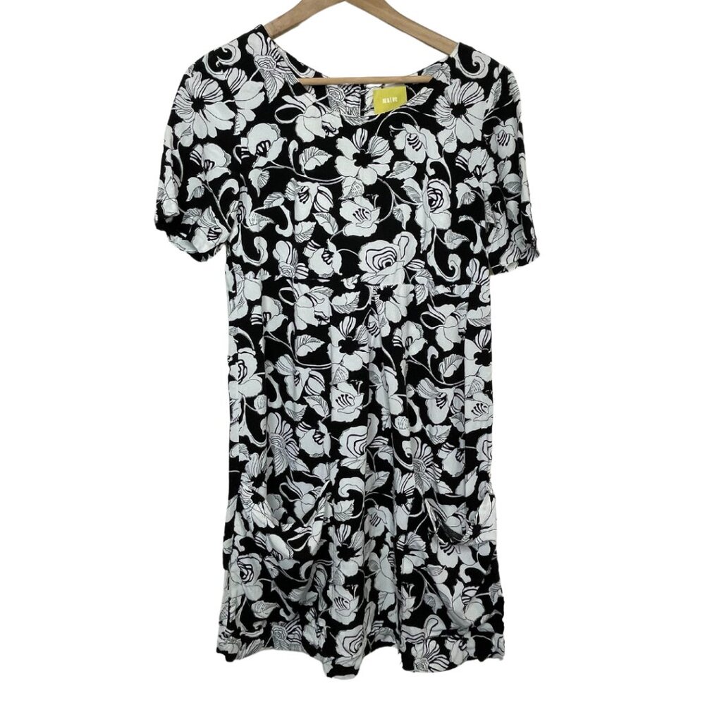 MAEVE | Anthropologie Zola Black and White Floral Shift Dress | Size 2 - Picture 2 of 11